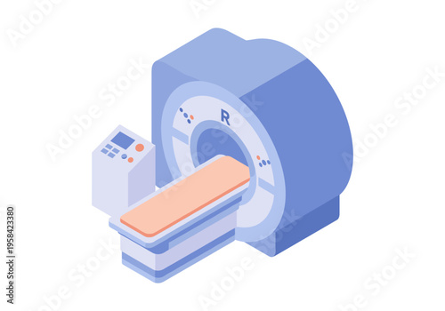 Modern MRI scanner with patient bed and control panel in isometric view