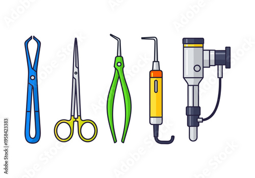 Collection of dental instruments and medical tools for oral hygiene and treatment