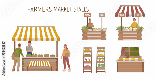 Illustration of bustling farmers market stalls with vendors and shoppers