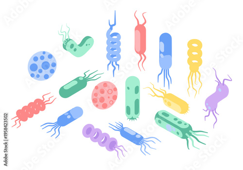 Collection of colorful cartoon bacteria and microbes in various shapes and forms