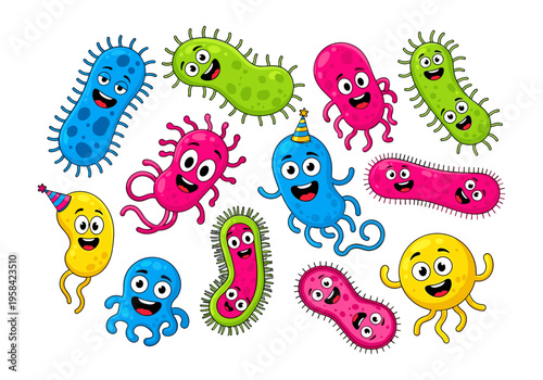 Cute cartoon bacteria and microbes having fun with party hats and smiles
