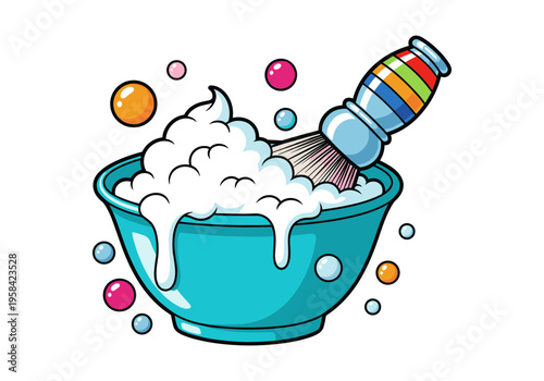 Cartoon shaving brush in a bowl of bubbly foam with colorful floating bubbles