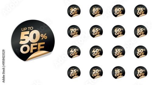 Black and gold discount sticker set with percentage sale labels, premium promotion vector collection with 90, 85, 80, 75, 70, 65, 60, 55, 50, 45, 40, 35, 30, 25, 20, 15, and 10% off.