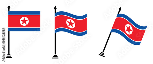 North Korea National Flag Set with Black Flagpole in Flat and Waving Vector Style