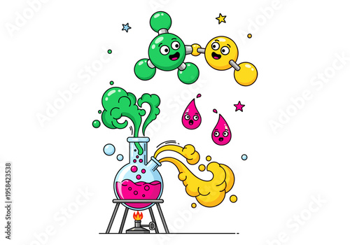 Cute cartoon chemistry experiment with molecules and bubbling flask