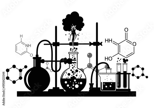 Chemistry laboratory experiment with bubbling flasks and molecular structures