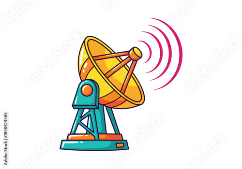 Cartoon satellite dish broadcasting signals with vibrant colors and clean lines