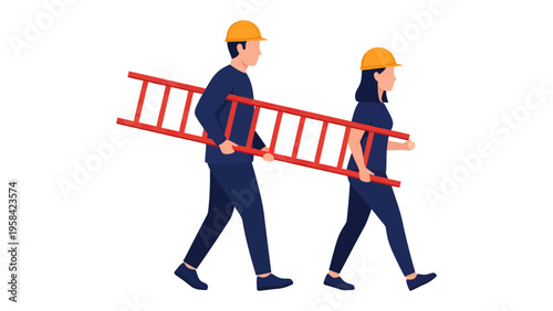 Construction Team and Ladder: A construction team carrying a ladder, symbolizing collaborative work and building potential. The figures are dressed in work clothes, hard hats.