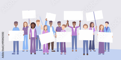 Diverse group of people protesting with blank signs showing solidarity