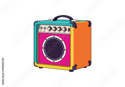 Retro style guitar amplifier with colorful design and speaker