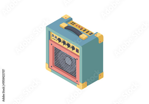 Retro guitar amplifier with a teal body and pink trim, isolated on white