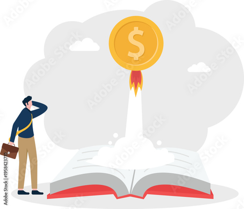 Businessman watching a gold coin launch like a rocket from an open book representing wealth knowledge