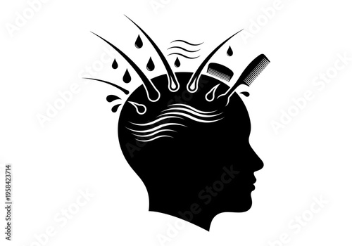 Stylized silhouette of a head with hair care elements and water droplets
