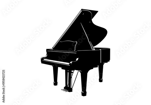 Elegant black grand piano with lid open on a white background