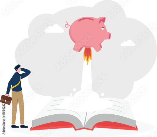 Professional man watching a piggy bank launch like a rocket from an open book representing savings education