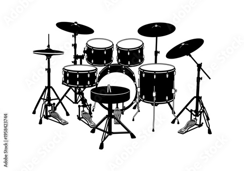 Complete drum kit illustration with cymbals and pedals on a white background