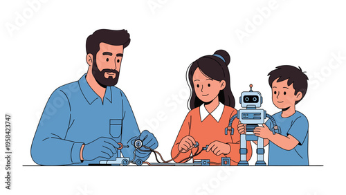 Engineering Family: A parent shares the joy of learning with two children, teaching them the principles of robotics, and engineering.