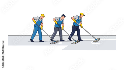 Team of Janitors Mopping Floor: A trio of focused janitors diligently mopping a spotless floor, showcasing a commitment to cleanliness and hygiene, with each sweep, leaving a streak-free shine.