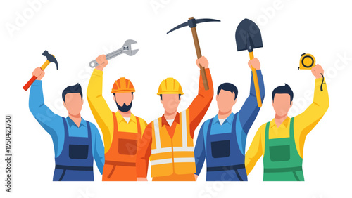 Construction Crew: A close-up view captures a group of construction workers in workwear, triumphantly holding tools, emphasizing collaboration and labor. The image radiates strength, precision.