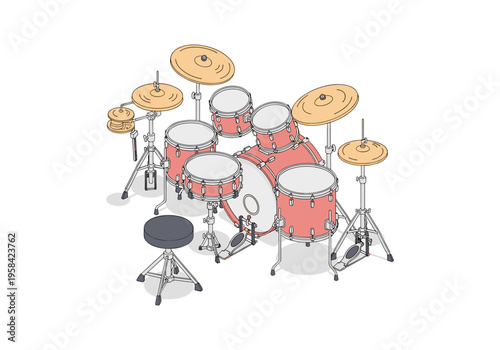 Isometric drum kit illustration with cymbals and stool on a white background