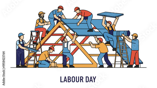 Building the Foundation: A team of construction workers diligently collaborating on a building project, emphasizing teamwork and dedication.