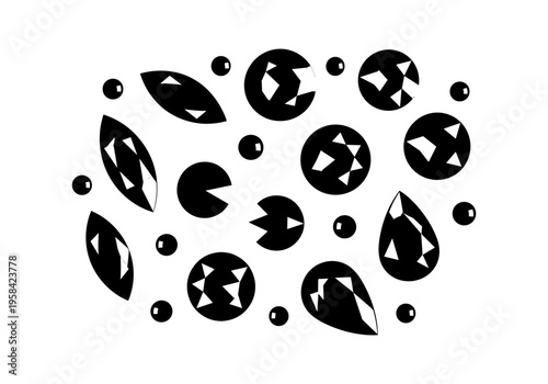 Abstract black and white geometric shapes and gemstones arrangement