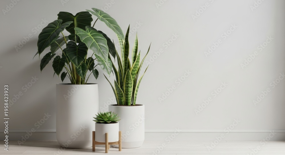 Fototapeta premium three potted plants on a white floor with white wall background