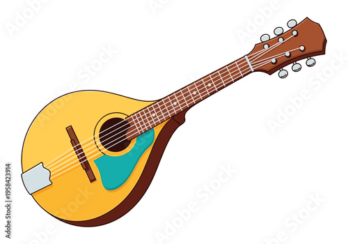 Acoustic mandolin with a bright yellow body and teal pickguard