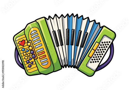 Cute cartoon accordion with colorful keys and bellows, perfect for music education