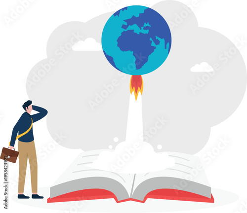 Businessman watching a globe launch like a rocket from an open book representing global learning