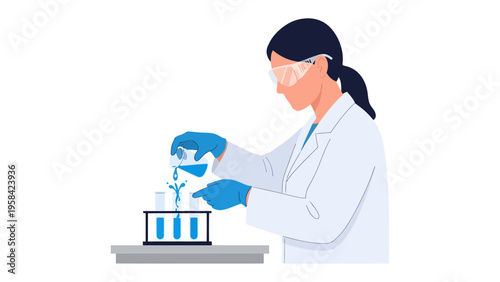 Scientist Conducting Experiment: A focused scientist, dressed in protective attire, meticulously pours liquid into beakers, embodying the essence of scientific inquiry and precision.