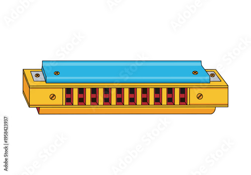 Simple illustration of a blues harmonica with a blue cover plate and gold body