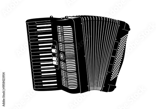 Black and white illustration of a classic accordion musical instrument