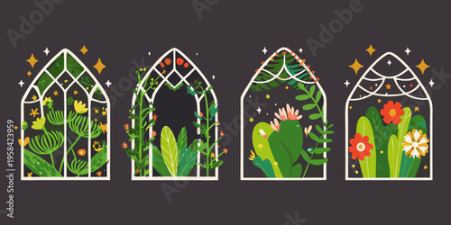 Four ornate arched windows display vibrant botanical illustrations