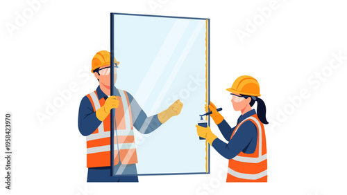 Window Installation Process: Two construction workers collaborate, meticulously installing a large window, embodying precision and teamwork in their work. 