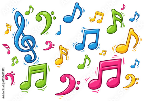 Colorful cartoon musical notes and symbols scattered across a white background