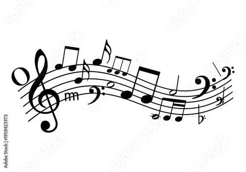 Musical notes and symbols flowing across a staff with treble and bass clefs