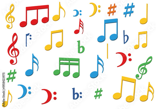 Colorful collection of musical notes and symbols on a white background
