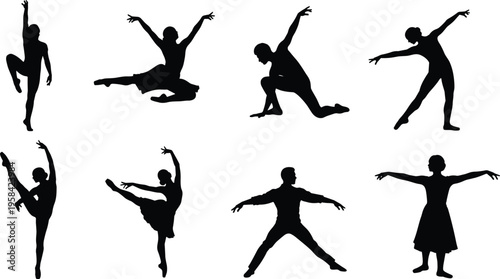 Dance silhouettes collection, ballet and contemporary dancers performing elegant poses jumps spins, artistic movement isolated on white background illustration set