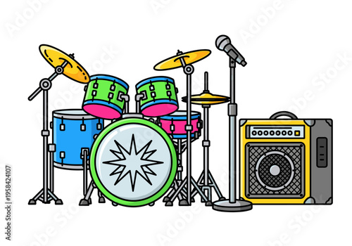 Colorful cartoon drum set with microphone and amplifier for music performance