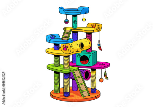 Vibrant multi-level cat tree with scratching posts and playful toys