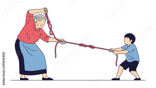 Generational Tug-of-War: A heartwarming illustration depicts a spirited exchange as a grandmother engages in a playful tug-of-war with a young boy.