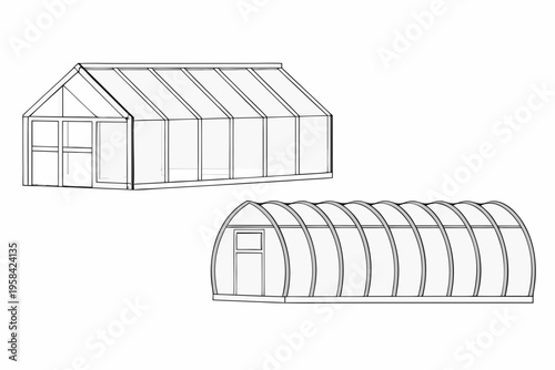 Line drawing of two greenhouse structures one gable and one quonset