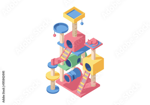 Colorful isometric cat tree with scratching posts and tunnels for feline fun