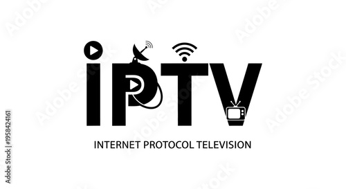 IPTV (Internet Protocol Television) minimalist logo design with video play, satellite dish, Wi-Fi, and TV icons.