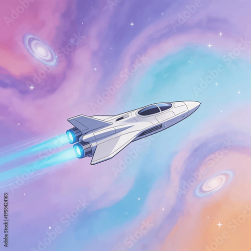 Sleek white spaceship with blue engine trails, flying through a vibrant pastel nebula, distant galaxies and stars, modern sci fi aesthetic, serene and dreamlike atmosphere, concept art for space