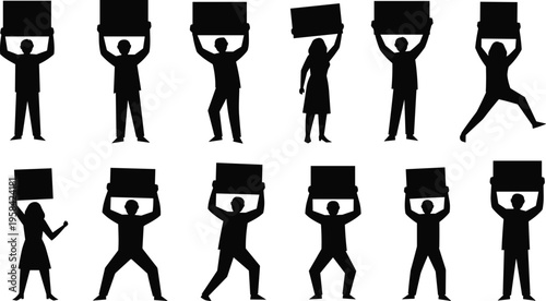 Protest people silhouette set, men and women holding blank banners demonstration activism isolated vector illustration collection