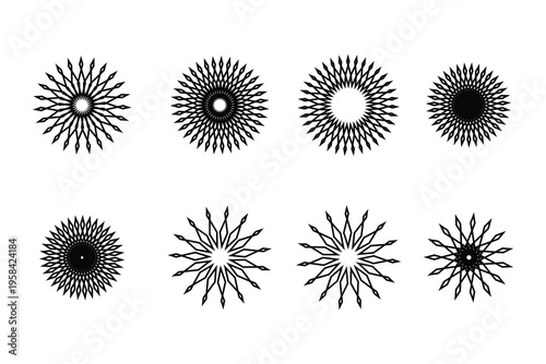 Set of 8 Black and White Sunburst Vector Icons for Design Elements and Graphic Resources
