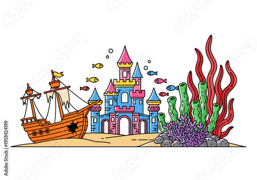Cartoon underwater scene with shipwreck and colorful castle