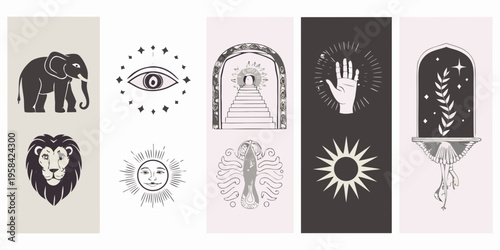 Mystical illustrations featuring animals eyes and celestial symbols in panels